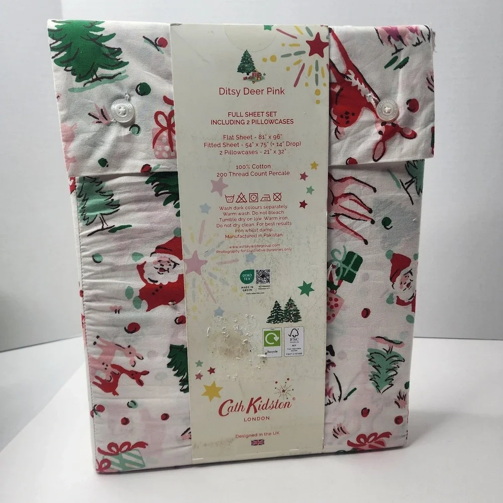 Cath Kidston London FULL Christmas Ditsy Deer Pink Cotton 200 Count Sheet Set
